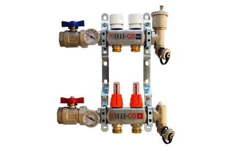 1" IVAR Stainless Steel Hydronic Manifold for Radiant Floor Heating - 2 ports