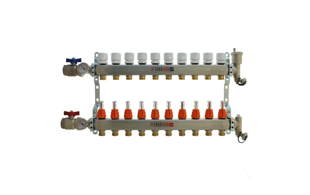 1" IVAR Stainless Steel Hydronic Manifold for Radiant Floor Heating - 10 ports