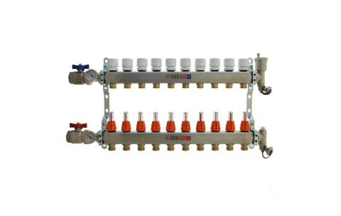 1" IVAR Stainless Steel Hydronic Manifold for Radiant Floor Heating - 10 ports