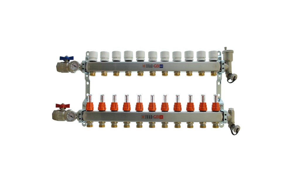 1" IVAR Stainless Steel Hydronic Manifold for Radiant Floor Heating - 11 ports