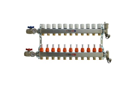 1" IVAR Stainless Steel Hydronic Manifold for Radiant Floor Heating - 11 ports