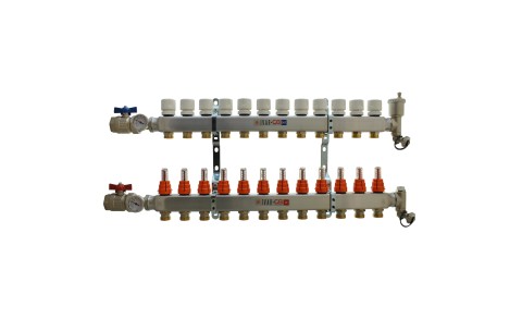 1" IVAR Stainless Steel Hydronic Manifold for Radiant Floor Heating - 12 ports